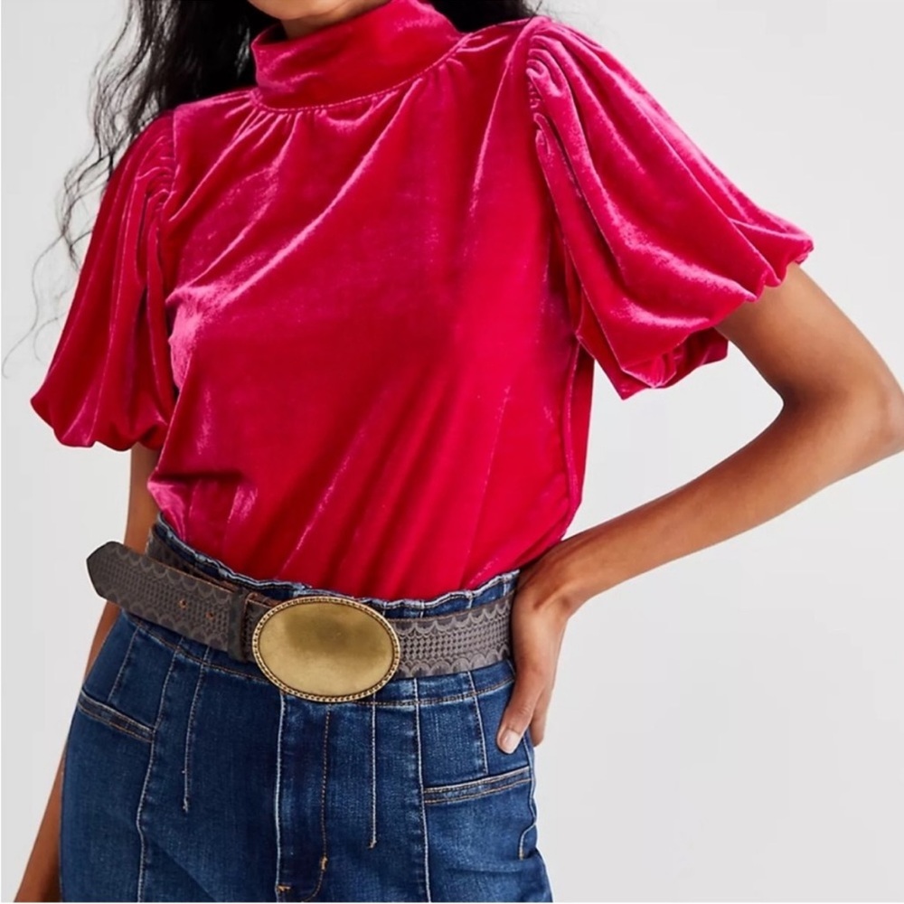 Free People Pink Velvet Puff Sleeve Top